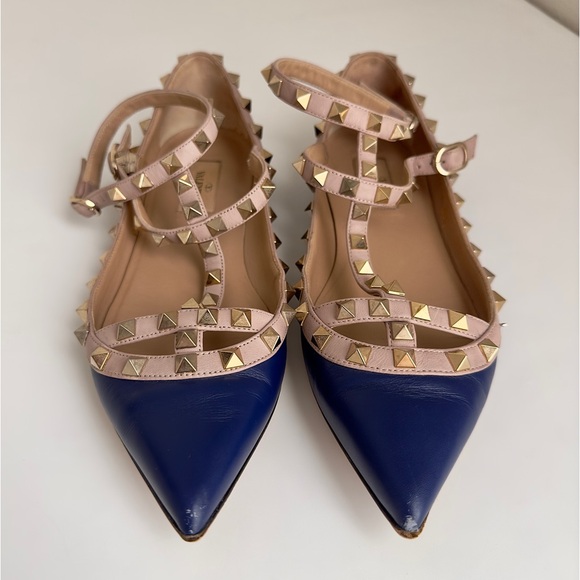 ✨VALENTINO GARAVANI Rockstud Leather Cage Flats Blue Size 37.5 - Picture 3 of 16